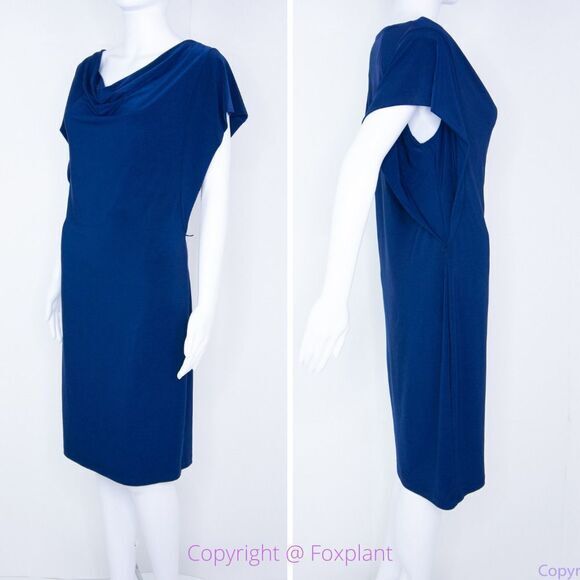 Komarov USA-made navy blue drop‎ cowl neck dolman sleeve dress, L - Picture 3 of 16